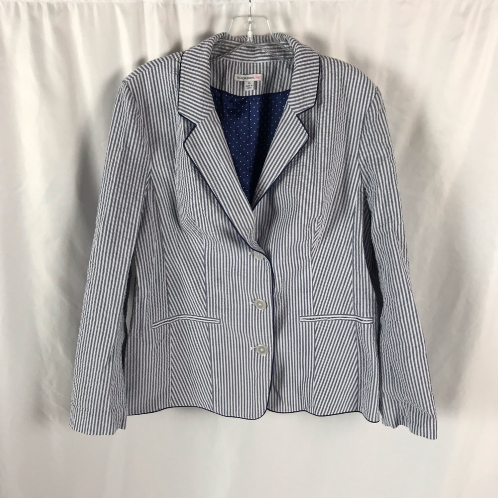 Isaac Mizrahi Live seersucker blazer jacket cotton white navy blue size 14